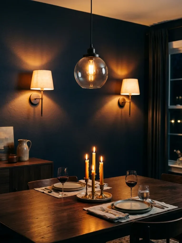 Dark navy dining room at evening with three layered light sources — pendant, wall sconces, and table candles — creating overlapping warm pools
