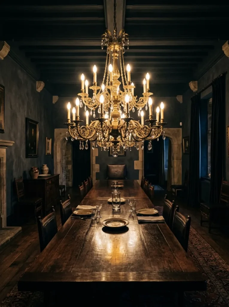 Aged brass chandelier hanging low above a dark walnut refectory dining table in a charcoal dining room, lit and glowing
