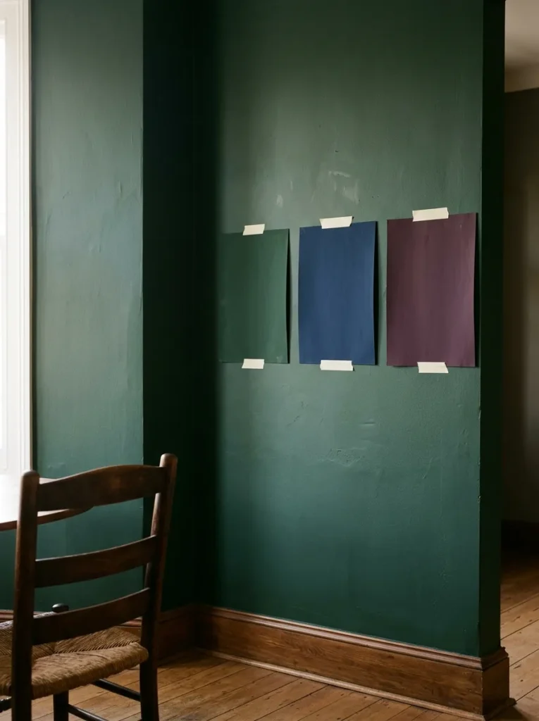 Dark green dining room wall with three large paint swatches in forest, navy, and plum tones visible in morning light
