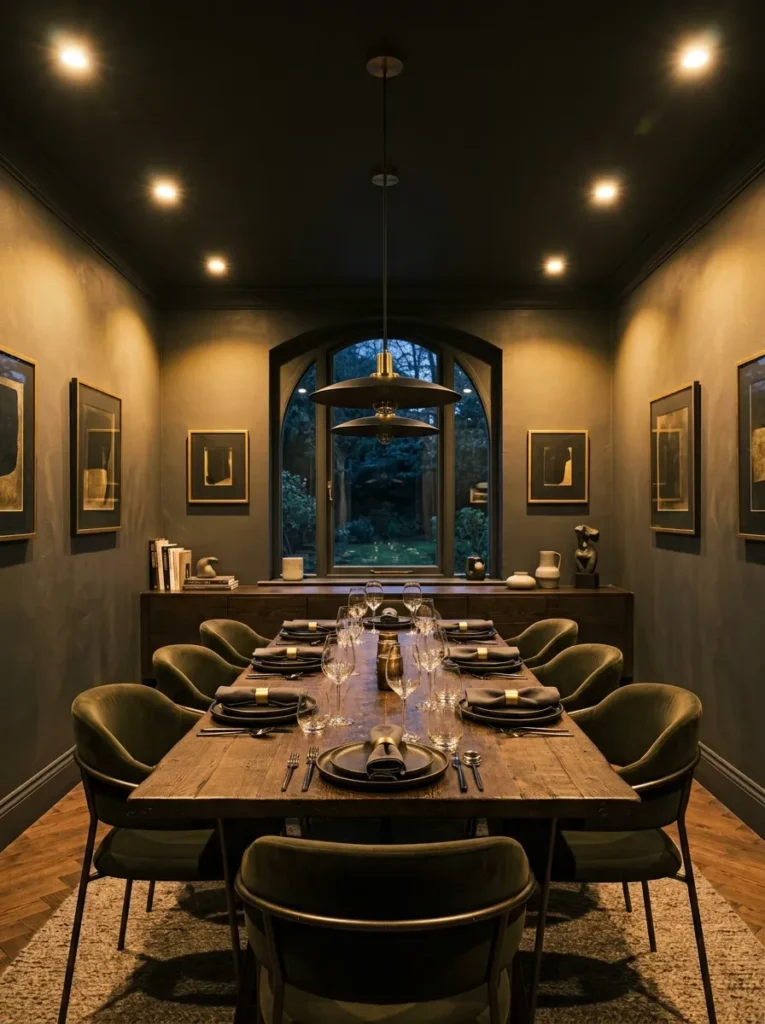 Dark charcoal dining room fully lit by warm-white recessed spotlights showing the wall colour appearing golden rather than grey at brightness
