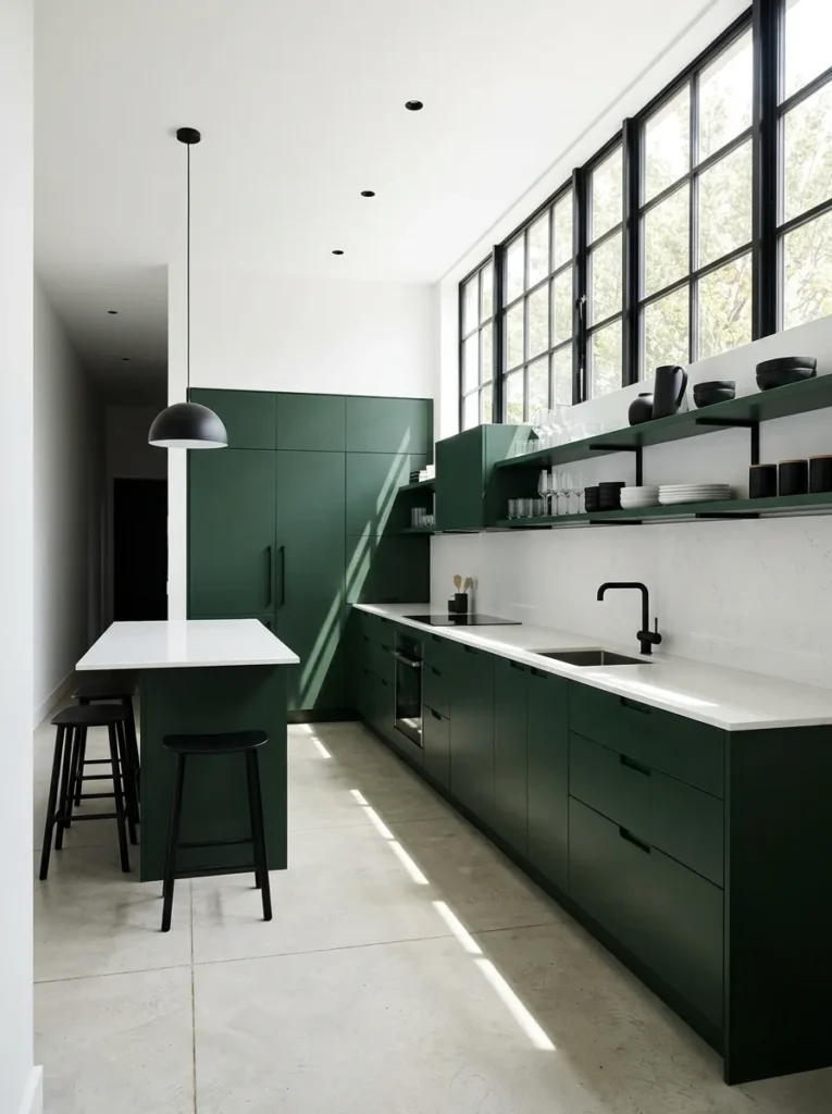 Contemporary kitchen with forest green handleless cabinets, matte black fixtures, and white quartz countertop in strong natural light
