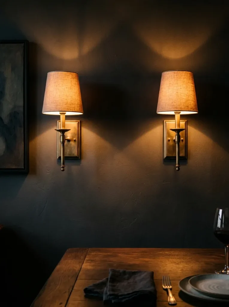 Victorian wainscoting and wall both painted deep forest green in a dining room, with shadow lines visible in directional window light and a wall sconce
