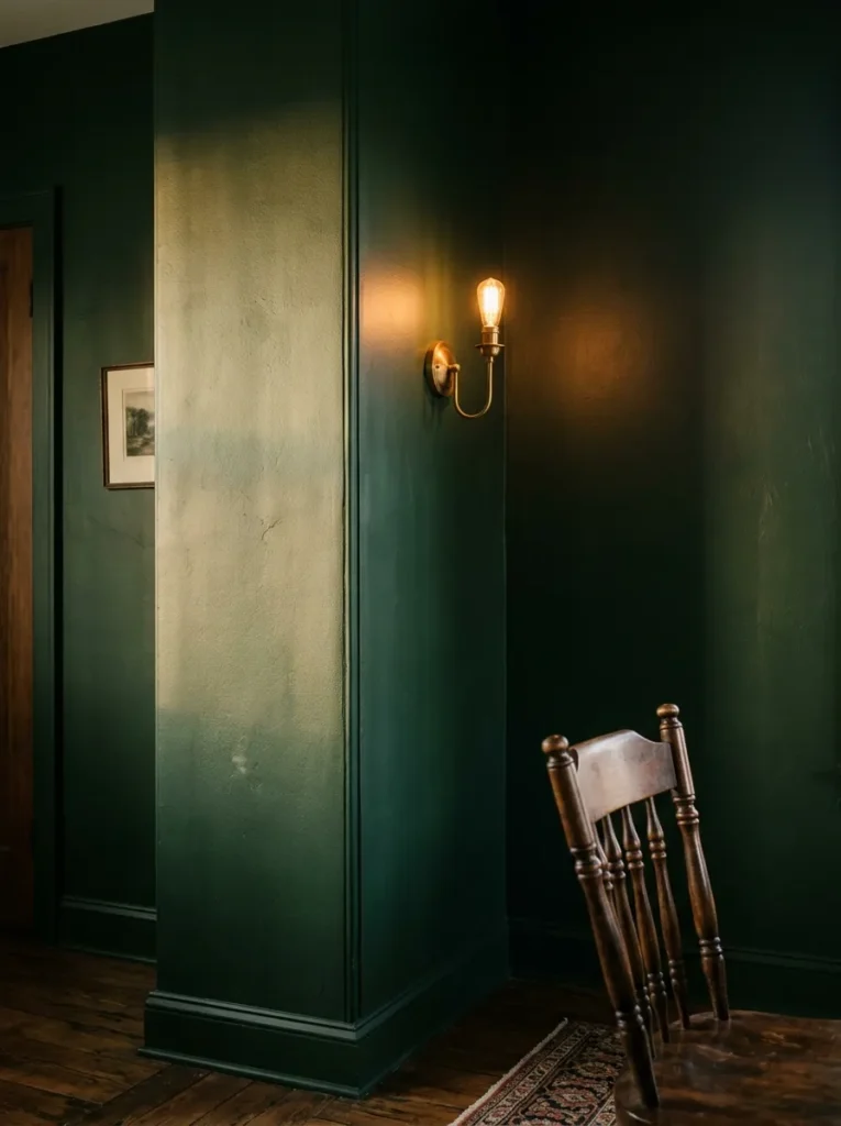 Deep forest green dining room wall in eggshell finish showing tonal shift between shadow and afternoon light, with a brass wall sconce
