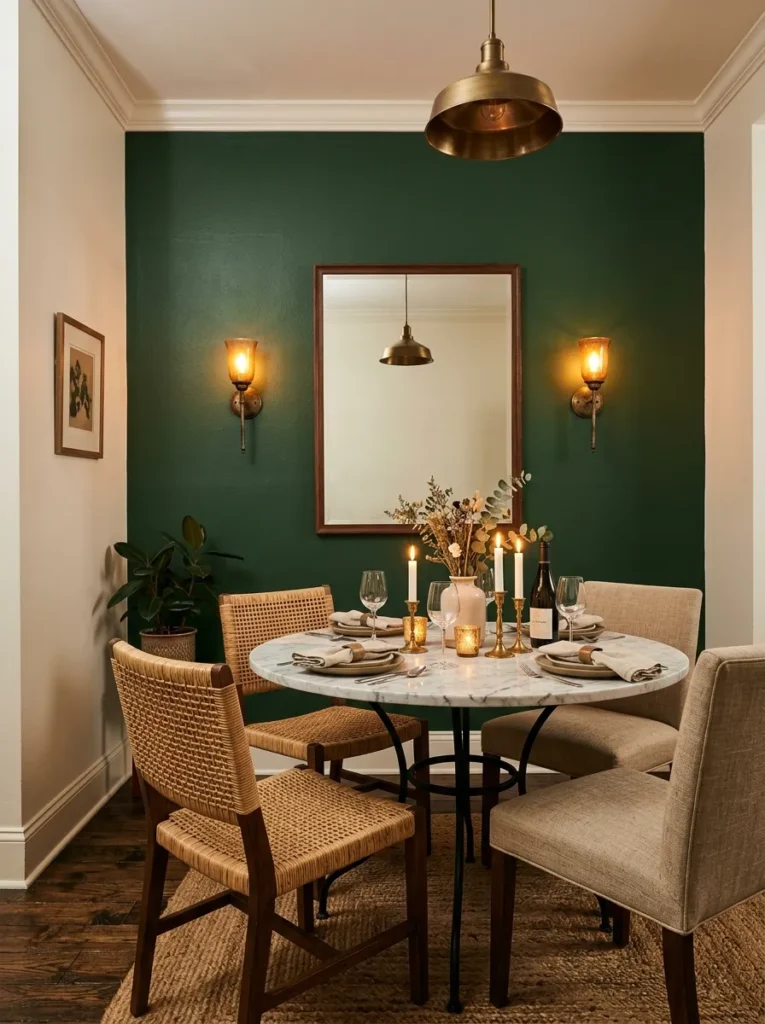 Deep forest green dining room feature wall with brass sconces and a large mirror, round marble table with mixed chairs in front
