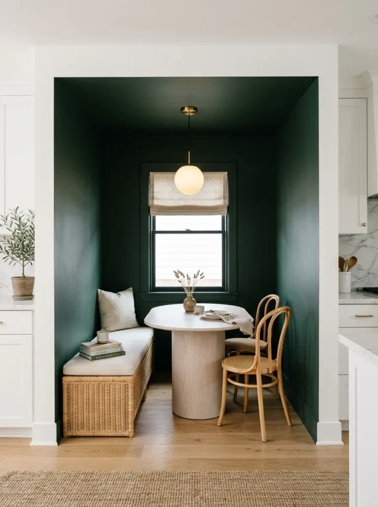 Deep forest green painted alcove kitchen nook with rattan bench, pale oak oval table, and brass globe pendant