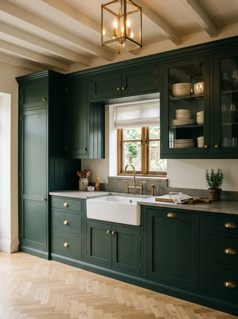 Dark green Shaker cabinets with aged brass cup handles, stone countertop, and farmhouse sink in a traditional kitchen

