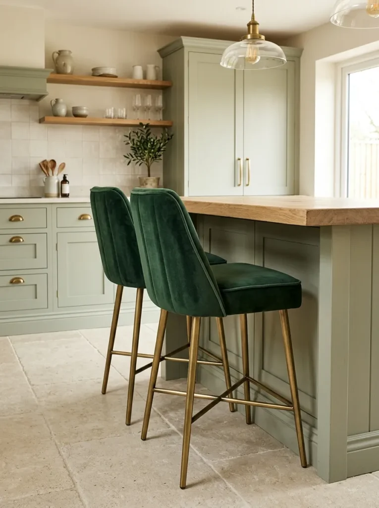 Deep green velvet bar stools with brass legs at a pale oak kitchen island in a sage green kitchen
