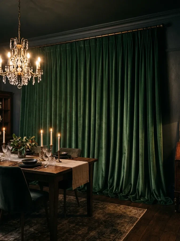 Floor-to-ceiling deep green velvet curtains hanging from a brass rod close to the ceiling in a dark dining room, lit by a warm chandelier above
