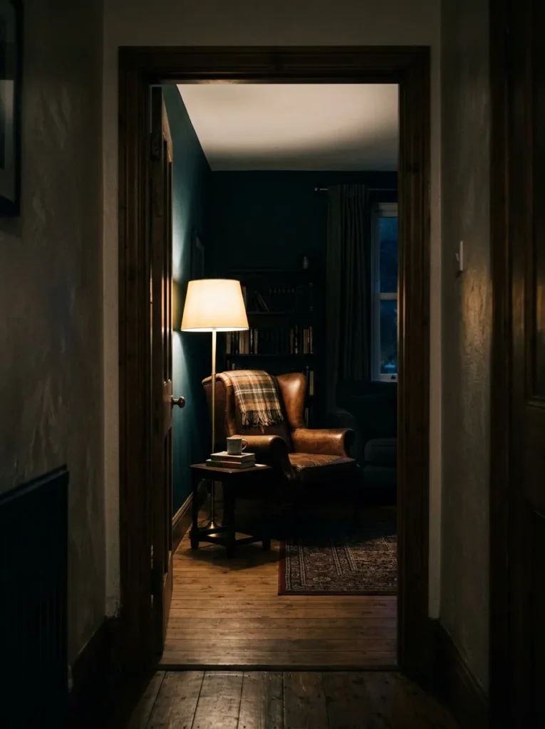 View through a doorway into a dark living room, with a lit floor lamp and armchair as the immediate focal point in the sightline
