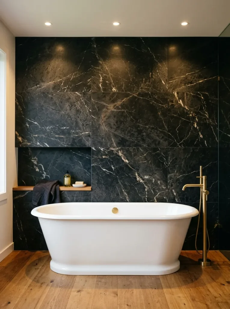 Dark veined marble tile accent wall behind a white freestanding cast iron bathtub with a brass floor-mounted filler, on warm timber flooring