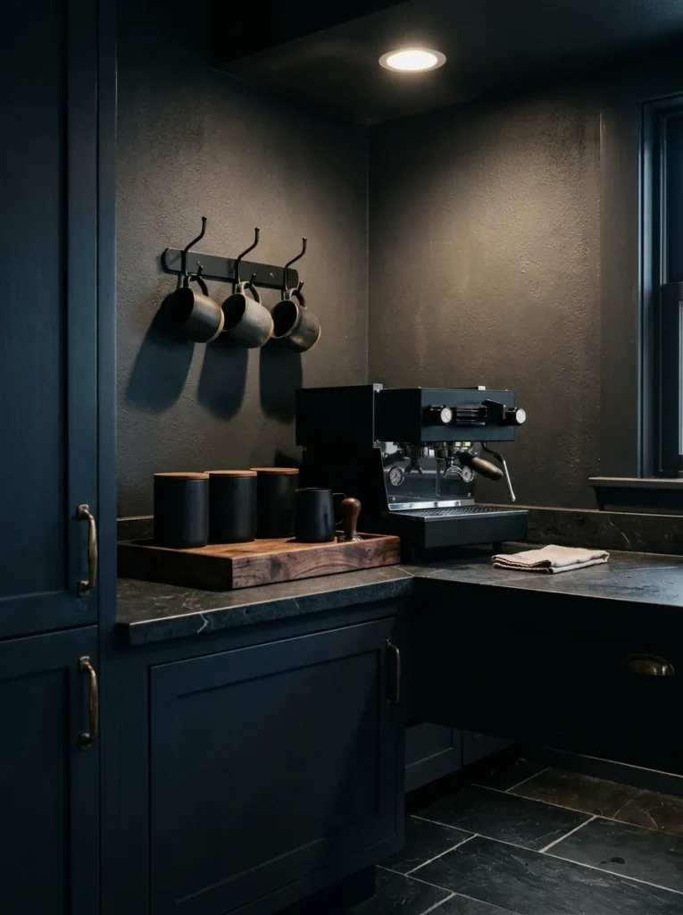  Dark moody coffee station with matte black canisters and a black espresso machine on a dark counter 