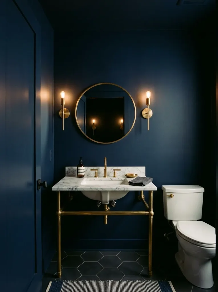 Powder room painted in deep midnight navy dead flat paint with a round brass mirror and flanking wall sconces glowing against the dark walls
