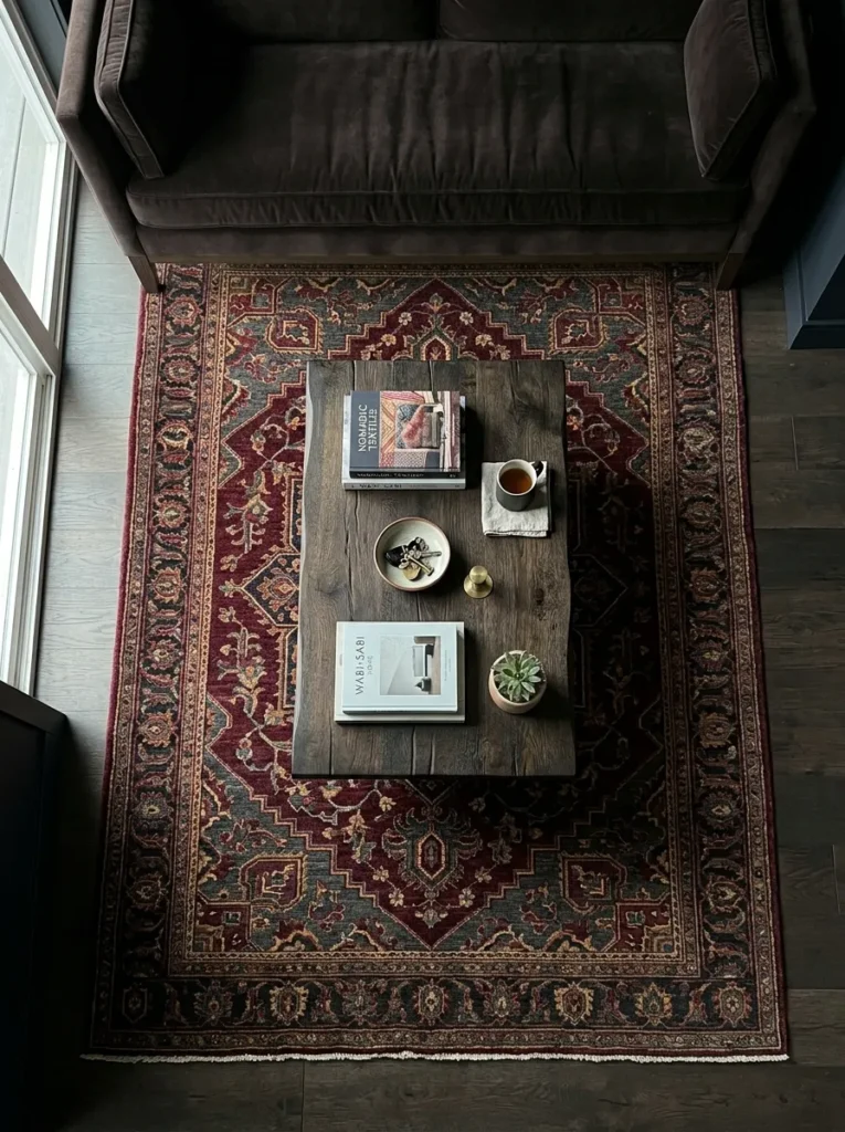 Overhead view of a deep burgundy and charcoal patterned wool rug with velvet sofa front legs and smoked oak coffee table
