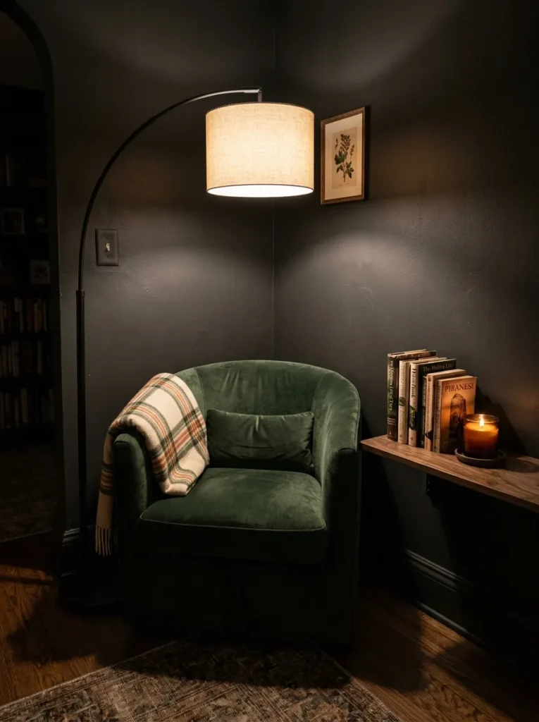 Forest green barrel chair in a moody reading corner with a smoked oak side shelf and arc floor lamp casting warm directional light
