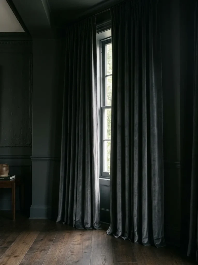 Floor-to-ceiling dark charcoal velvet curtains pooling slightly at the floor in a moody living room with natural light filtering through
