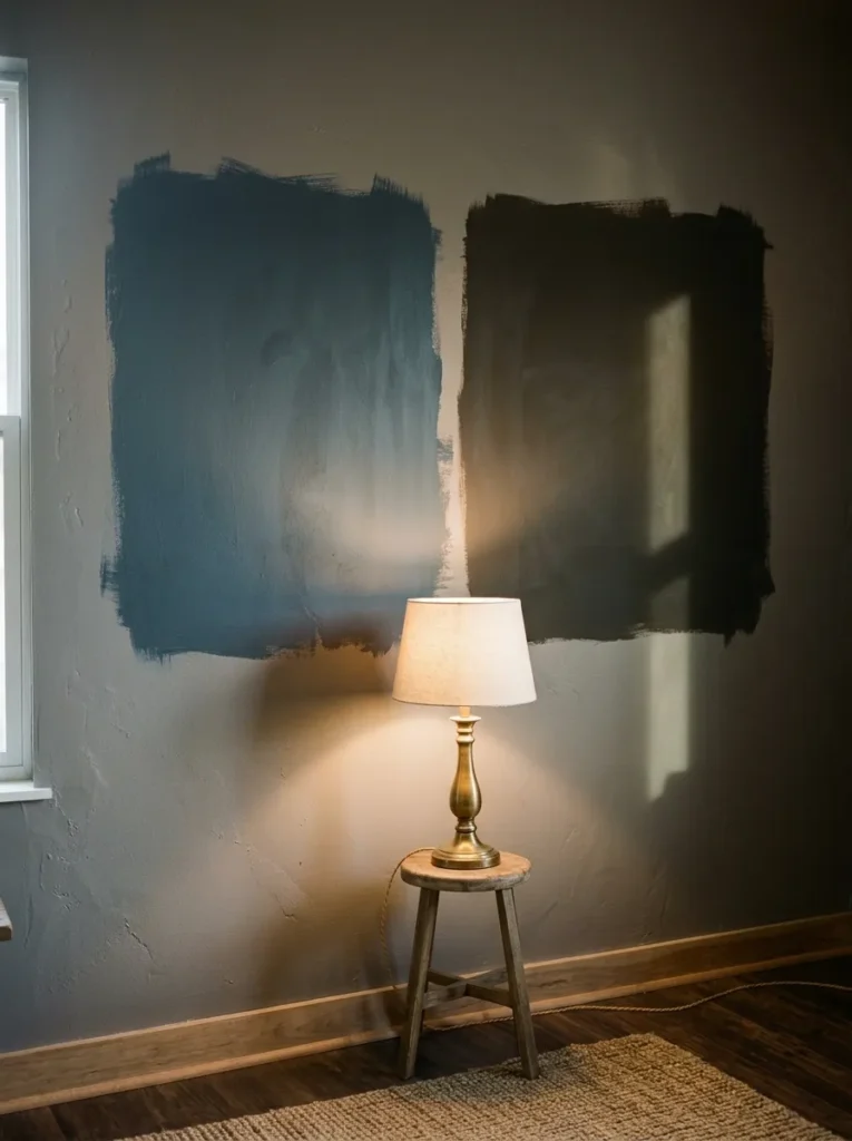Living room corner with two dark paint swatches on the wall, one cool charcoal and one warm earthy black, lit by a brass lamp showing undertone differences

