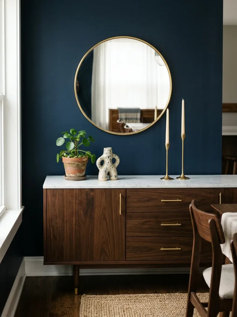Dark walnut sideboard with honed marble top, brass candlesticks, and a small ceramic against a navy dining room wall with a mirror above
