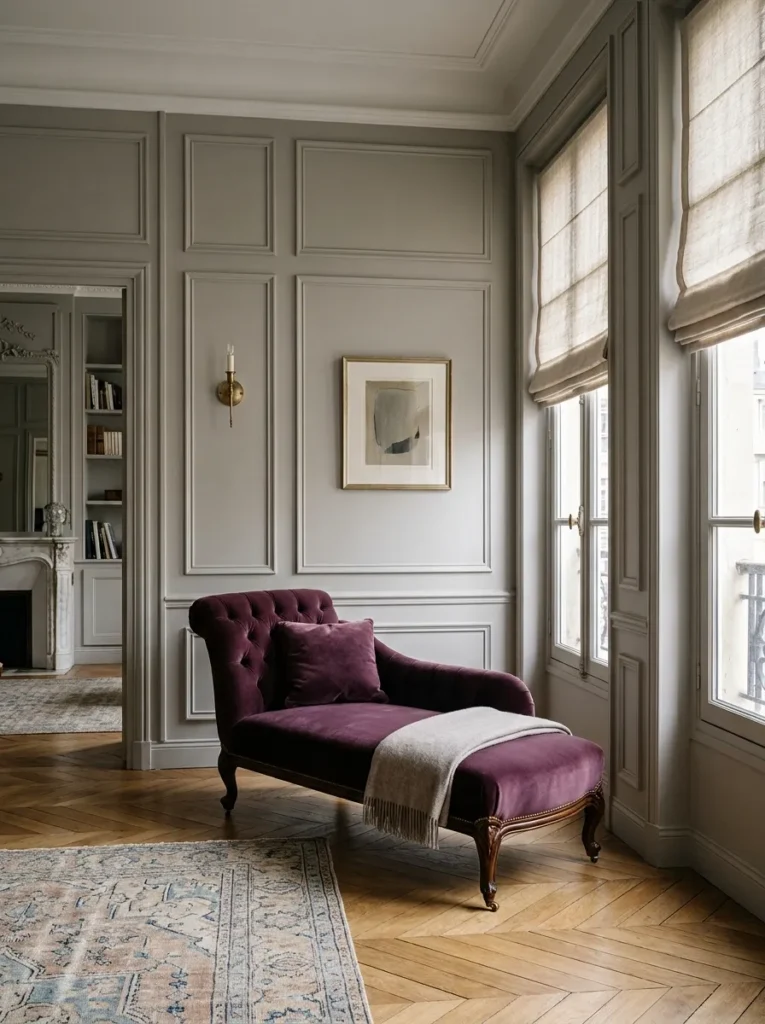  Living room with tall rectangular panel molding on walls painted in a Parisian warm gray