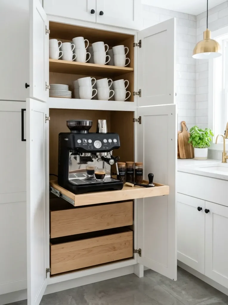 Kitchen cabinet run with a pull-out shelf coffee station and upper cabinet mug storage 