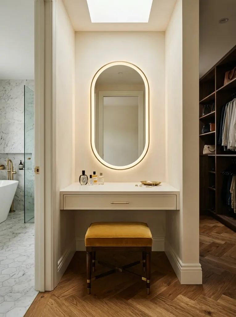 Small dedicated grooming nook with a built-in vanity desk, oval backlit mirror, and cushioned stool