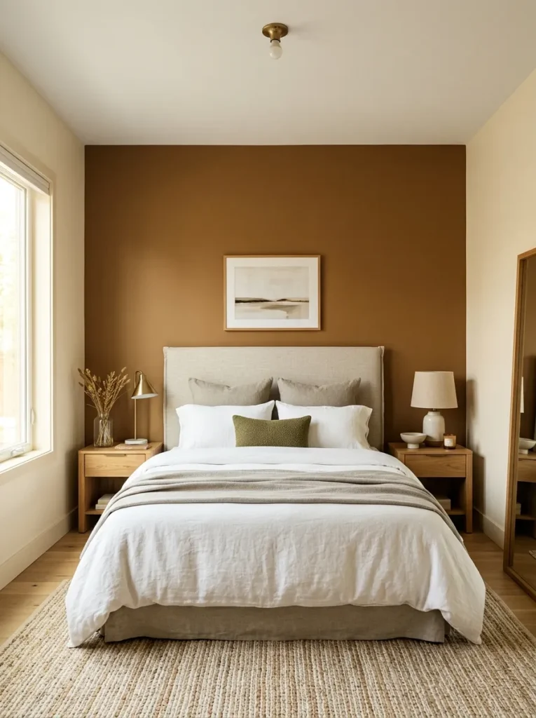Bedroom headboard wall painted deep caramel beside lighter warm cream walls, showing a tonal accent approach
