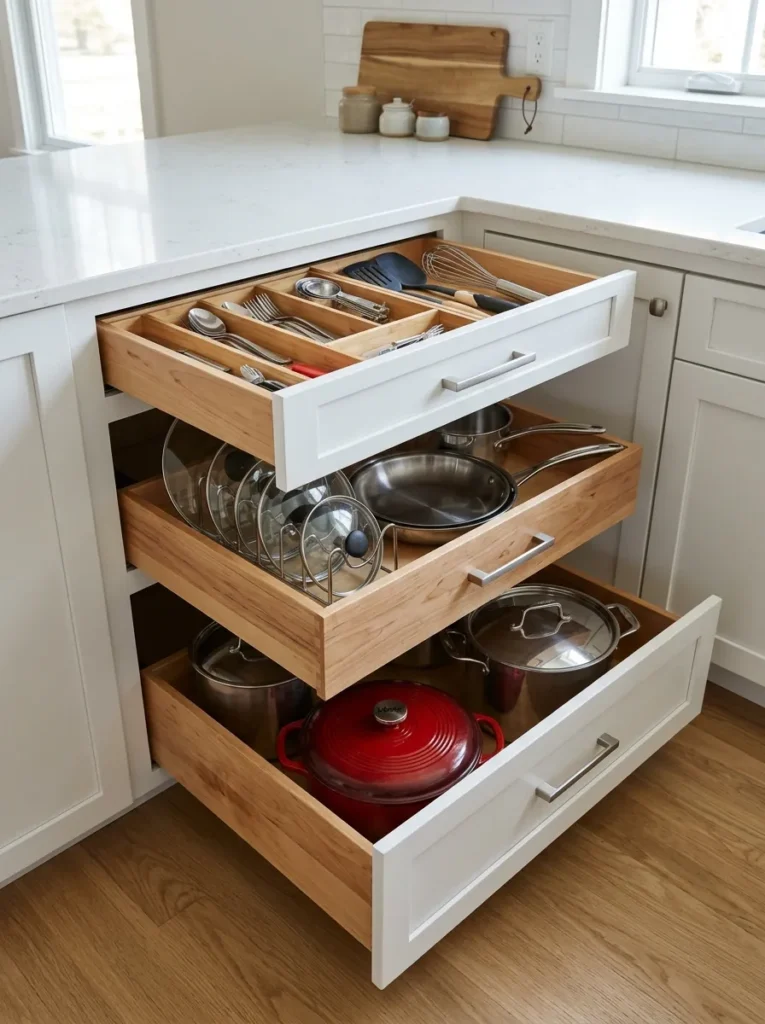 Three-drawer base cabinet fully open showing pots, pans, and lids accessible from the front without reaching into a shelf interior
