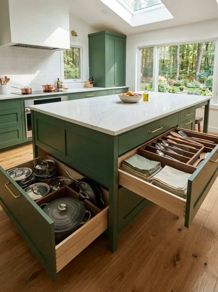 Kitchen island with deep pot and pan drawers on both sides fully accessible without cabinet doors