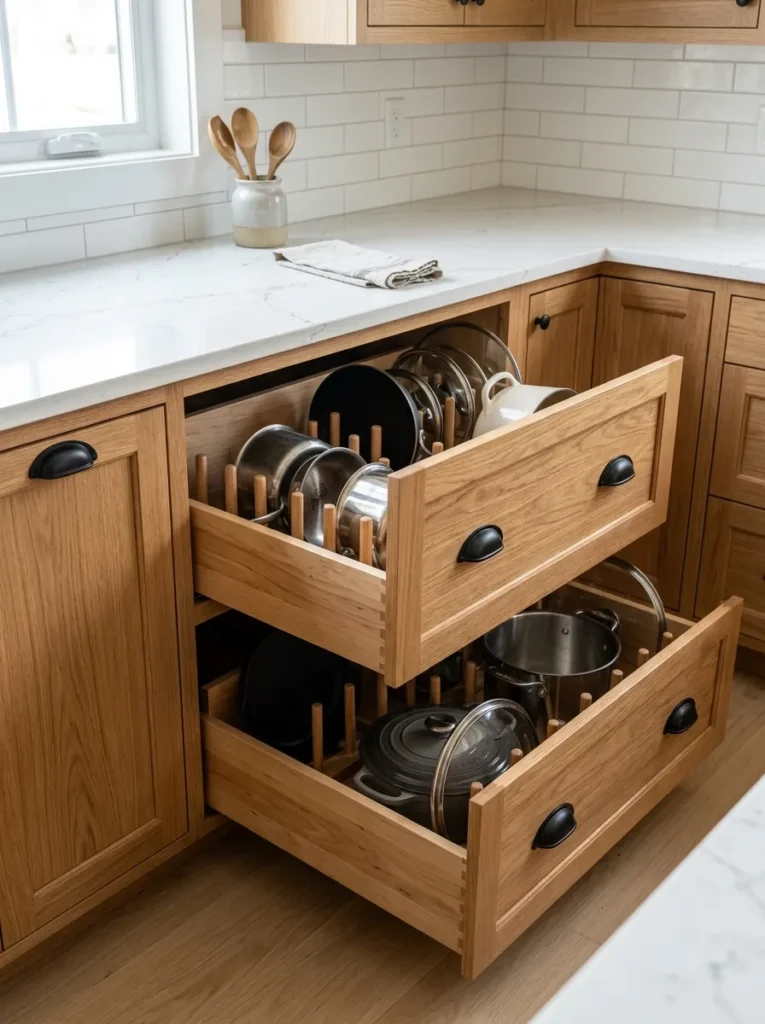 Two deep oak kitchen drawers pulled open showing organized pots, pans, and lids with wooden dividers
