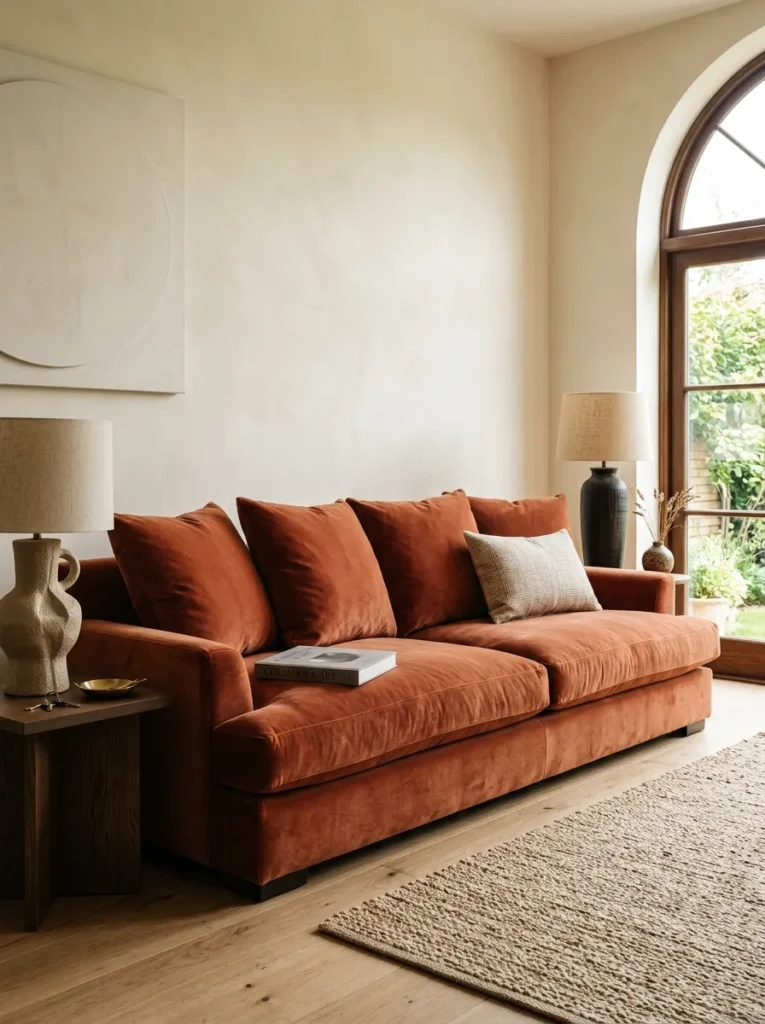  Deep low-back velvet sofa in warm terracotta with loose cushions in a sophisticated living room 