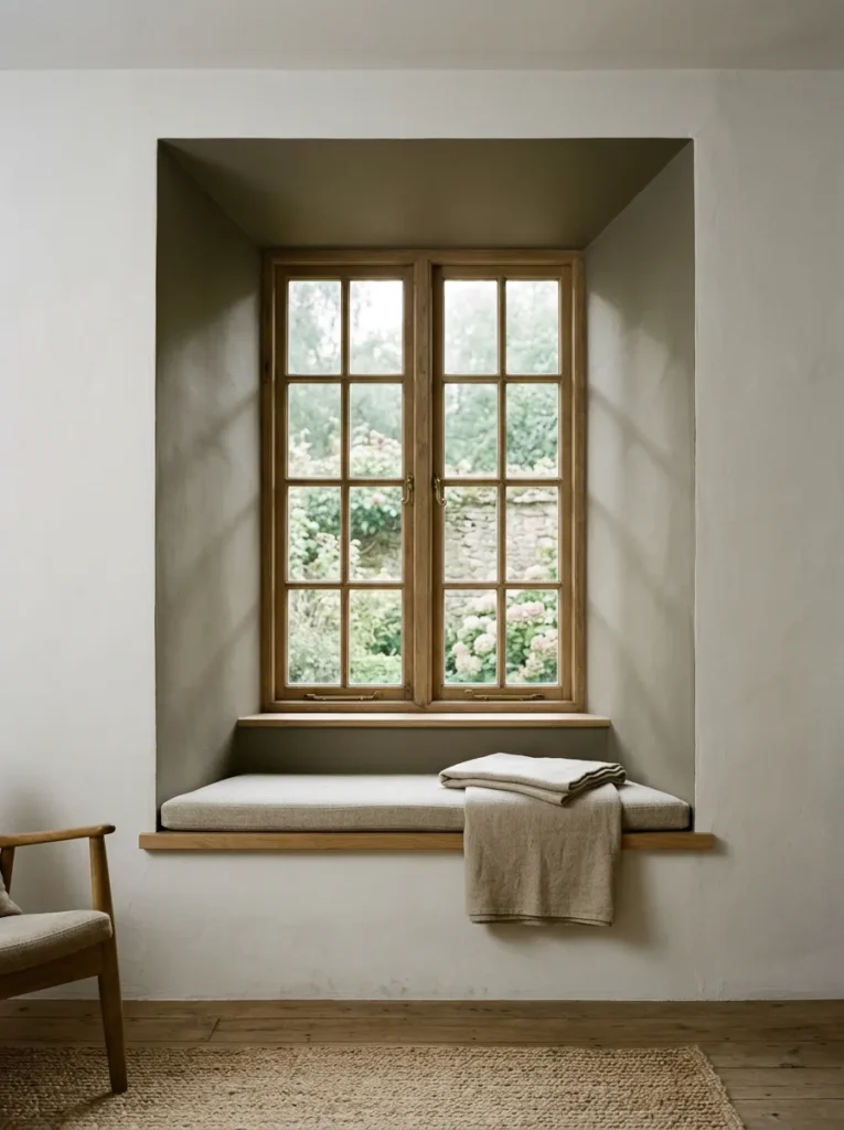 Deep window reveal in a white living room with the inner surfaces painted slightly darker, creating a shadow-box effect around a casement window with a built-in seat
