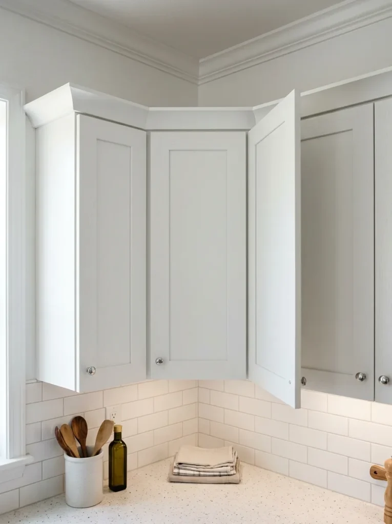 Upper kitchen corner with a diagonal cabinet door at 45 degrees giving direct front-facing access to the corner shelf interior
