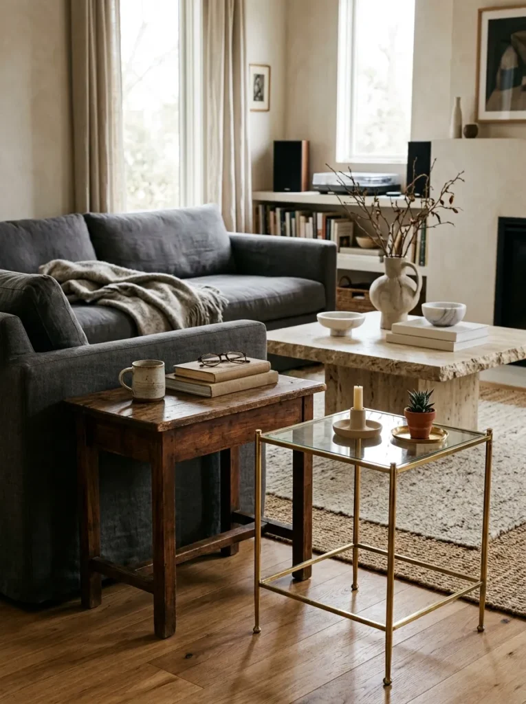 Living room sightline showing three tables in different materials — stone coffee table, aged walnut side table, and slim brass accent table — at similar scales