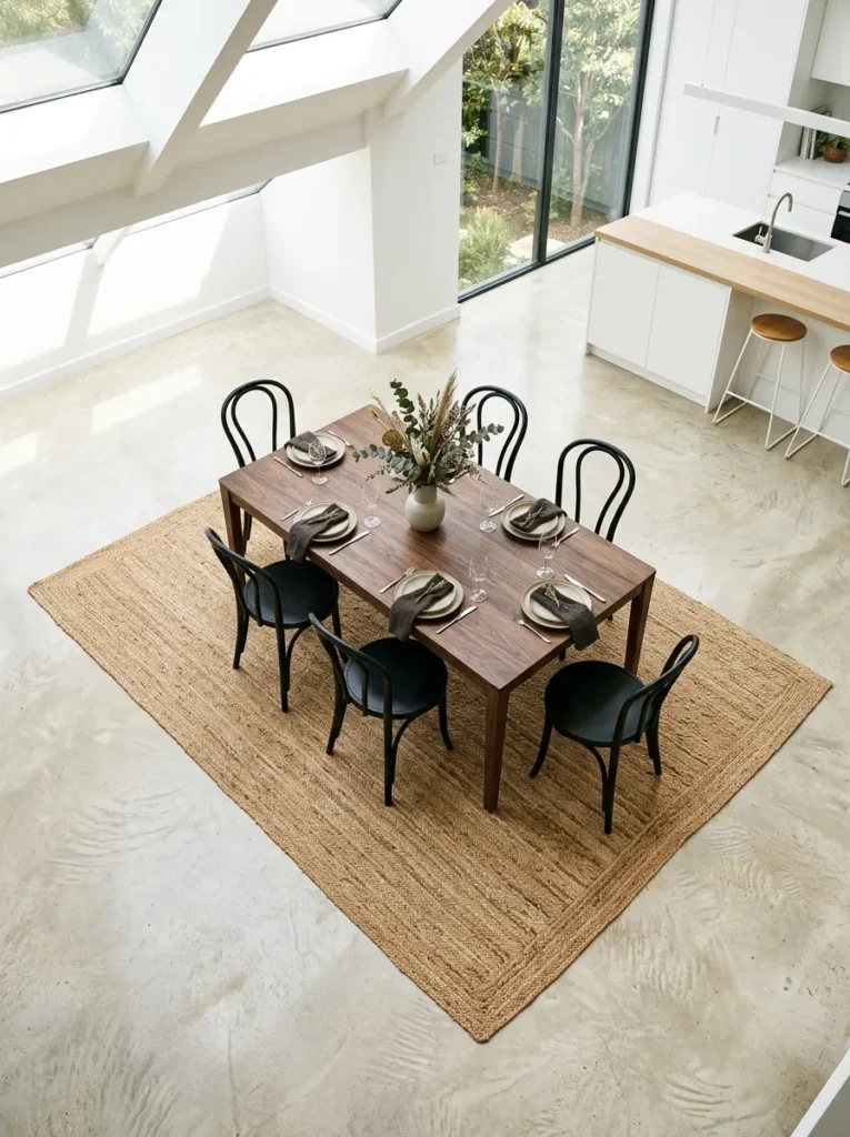 Top-down view of a jute dining rug extending well beyond a dark walnut table and six bentwood chairs on a pale concrete floor