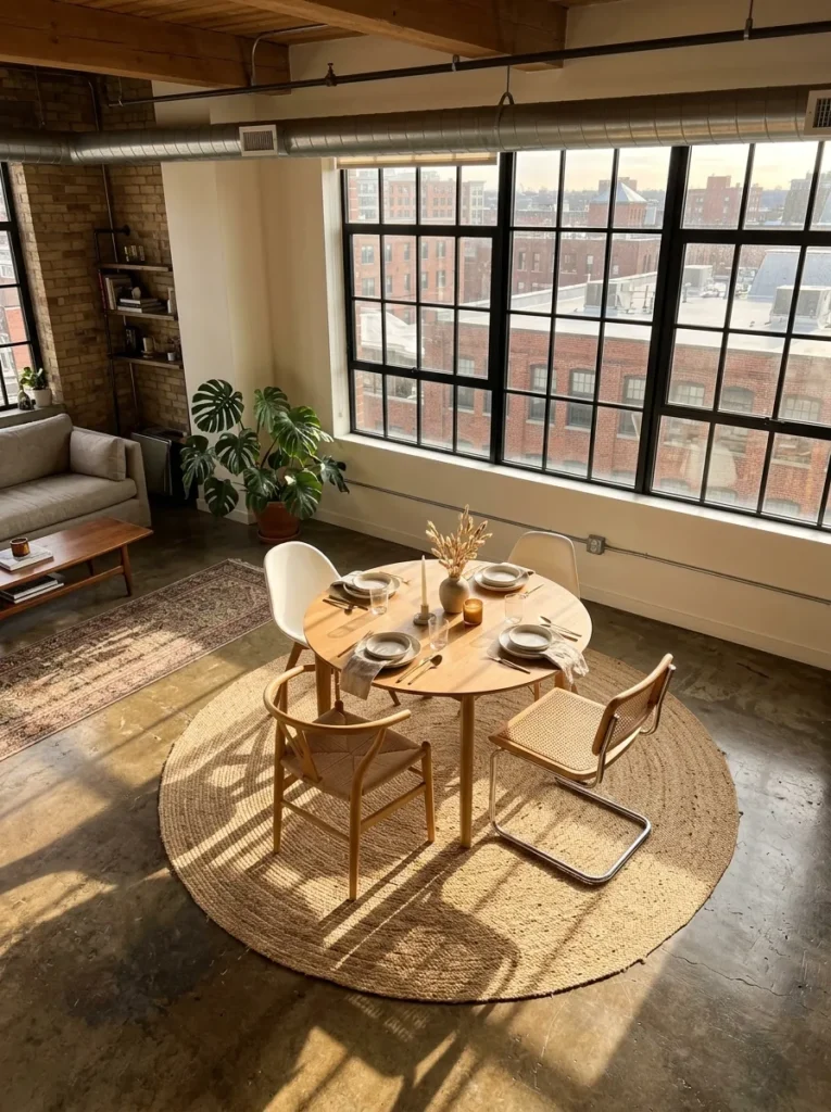 Open-plan apartment dining area defined by a large jute rug beneath a round table and four chairs
