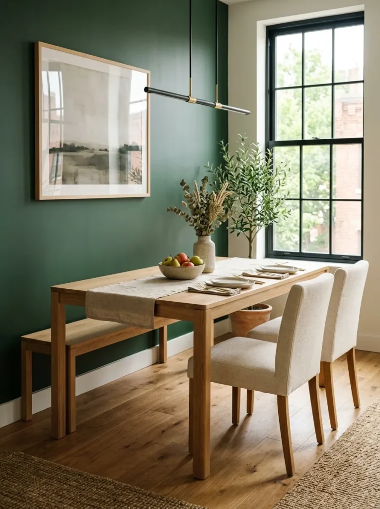 Apartment dining table with a slim bench on one side and two chairs on the other
