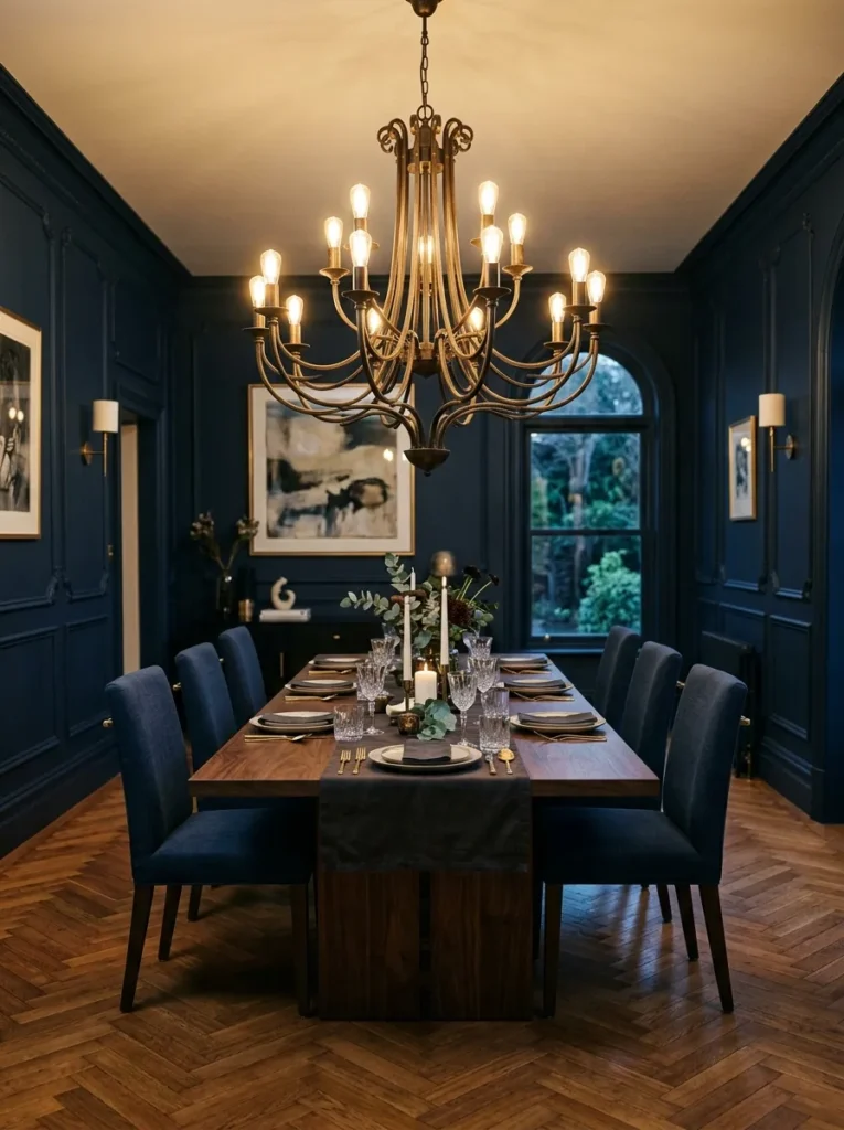 Multi-arm aged bronze chandelier with width proportional to the dining table below, in a navy-walled room with herringbone parquet floor