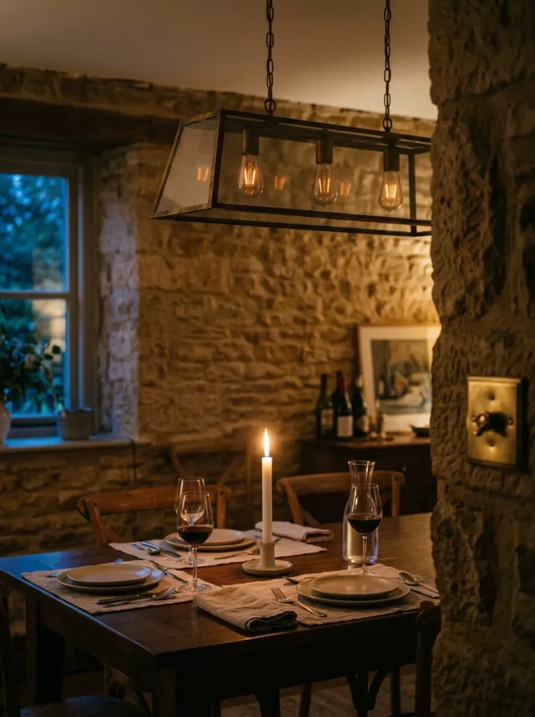 Dining room with a visibly dimmed pendant, bright candle on the table, and a wall dimmer switch visible at the room edge