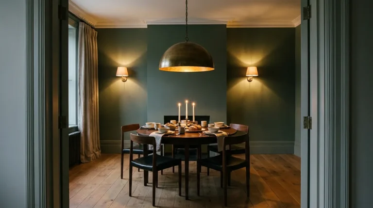 Dining room at evening with an aged-brass pendant over a walnut table, wall sconces, and taper candles creating three layers of warm light