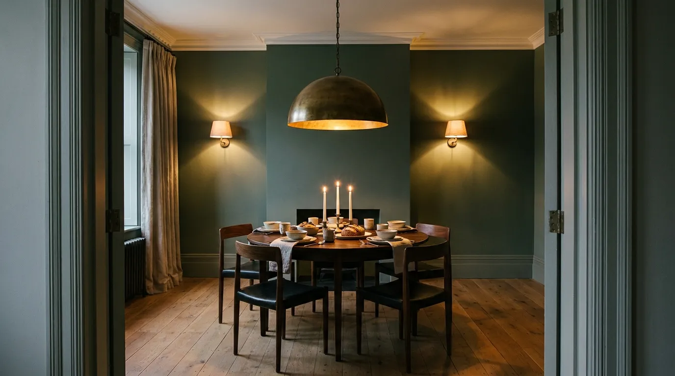 Dining room at evening with an aged-brass pendant over a walnut table, wall sconces, and taper candles creating three layers of warm light