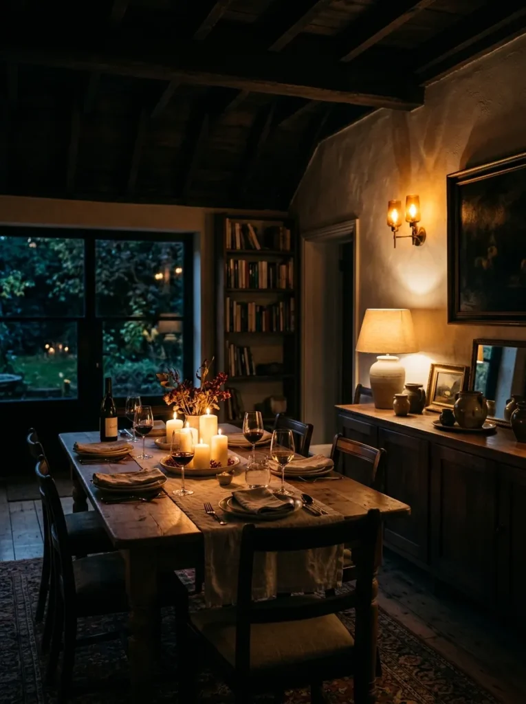 Dining room at evening lit only from table and wall level — sideboard lamp, wall sconces, and pillar candles — ceiling completely unlit and in shadow