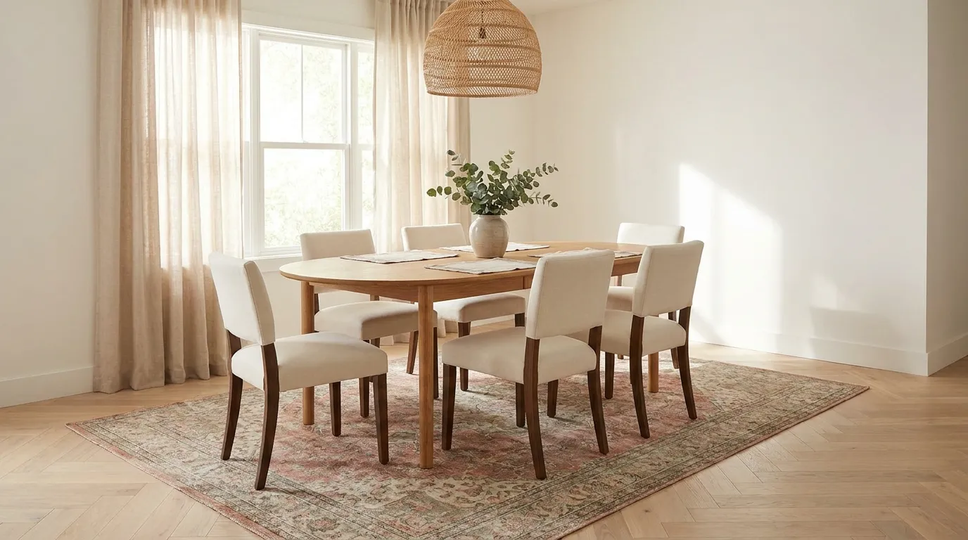 Oval oak dining table with cream upholstered chairs sitting on a muted Persian-style rug in dusty terracotta and sage tones, with all chair legs on the rug surface