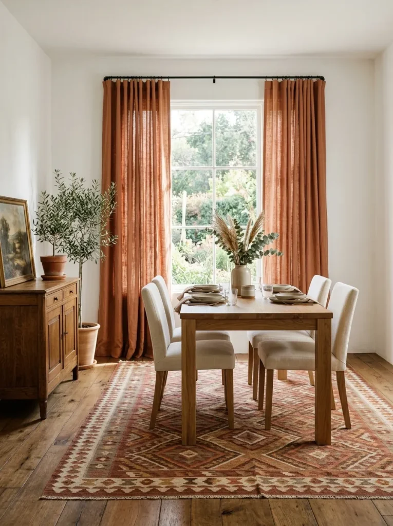 Dining room where the rug in dusty rust tones references the terracotta linen curtains, showing how pulling one room color into the rug creates palette cohesion
