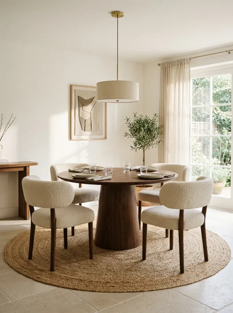 Dining room viewed from above showing a large grey rug with all dining chair legs resting on the surface when chairs are pulled out, demonstrating correct rug sizing
