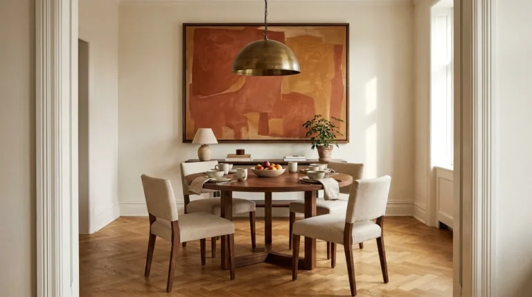 Dining room with a large abstract painting in earthy tones above a narrow sideboard, round walnut table, and aged brass pendant