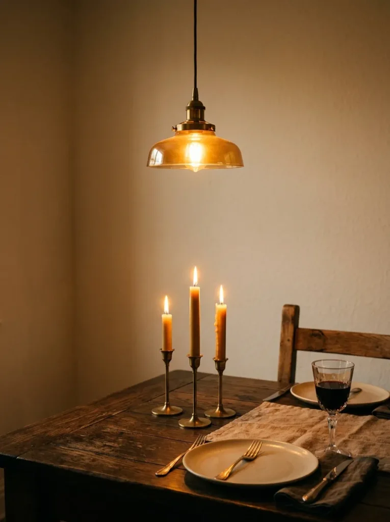 Dining room detail showing a pendant, table surface, and candles all emitting uniform warm amber light in the same colour temperature