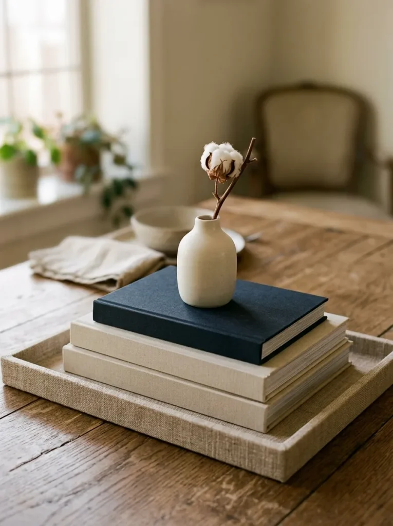 Three hardcover books with plain linen and cloth spines stacked in a dining table tray with a small ivory ceramic bud vase and dried cotton stem on top
