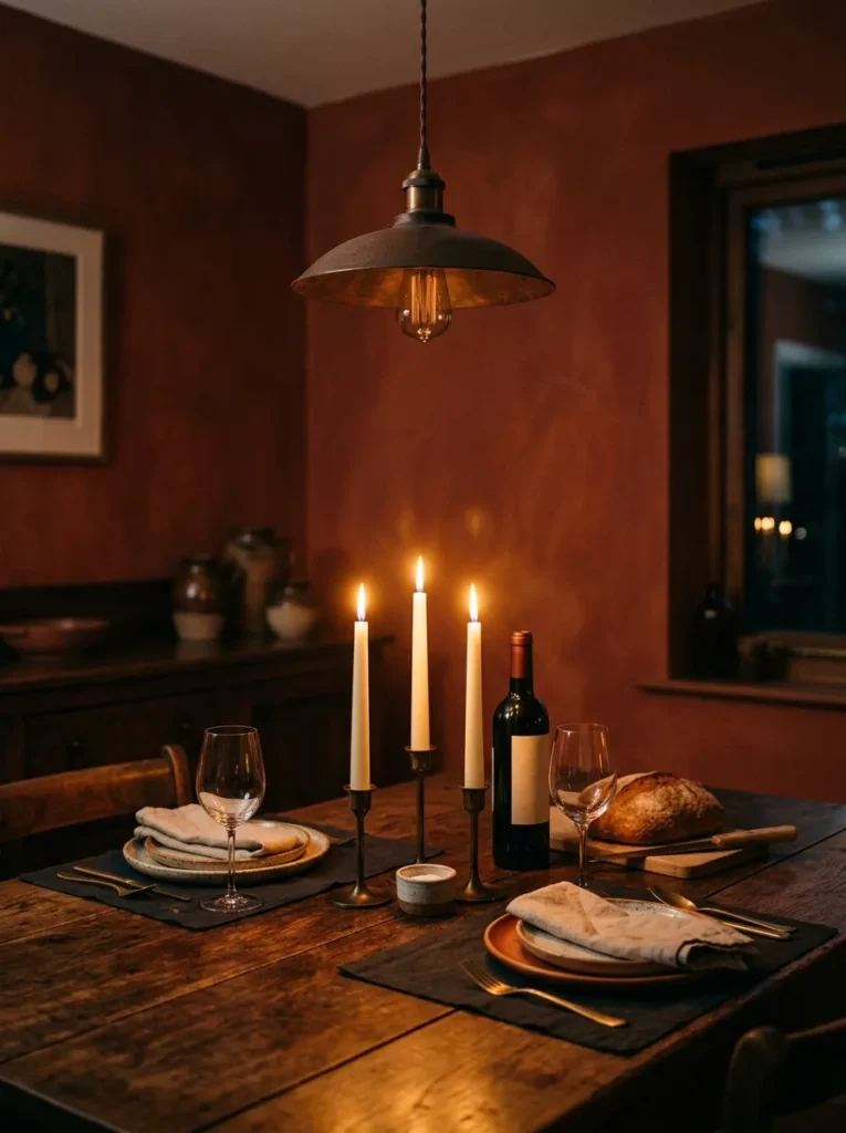 Dining table at evening with three lit tapers as the brightest light source and a dimmed pendant above, against terracotta walls