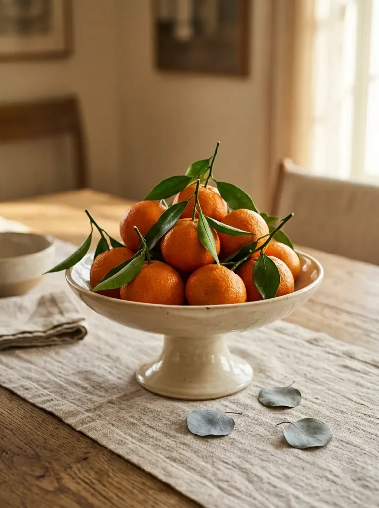 A footed cream ceramic compote holding clementines with stems and leaves intact on a linen runner, styled as an elegant dining table centerpiece
