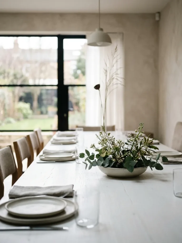 Dining table viewed at seated eye level showing a low shallow bowl centerpiece below 12 inches and a tall single stem above 24 inches, illustrating the sightline height rule
