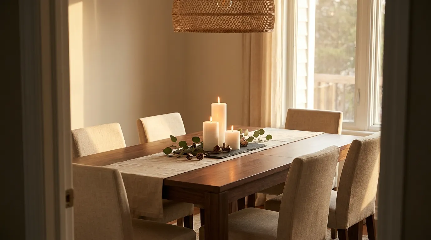 Dining table centerpiece featuring three white pillar candles at varying heights on a slate tray with eucalyptus sprigs, lit on a dark walnut table with a linen runner